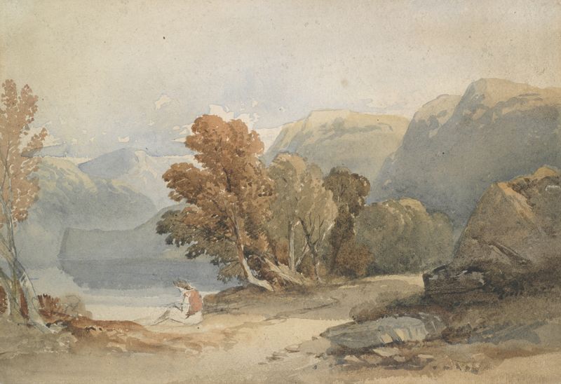 Landscape de John Varley com um lago e uma figura, pintura a óleo