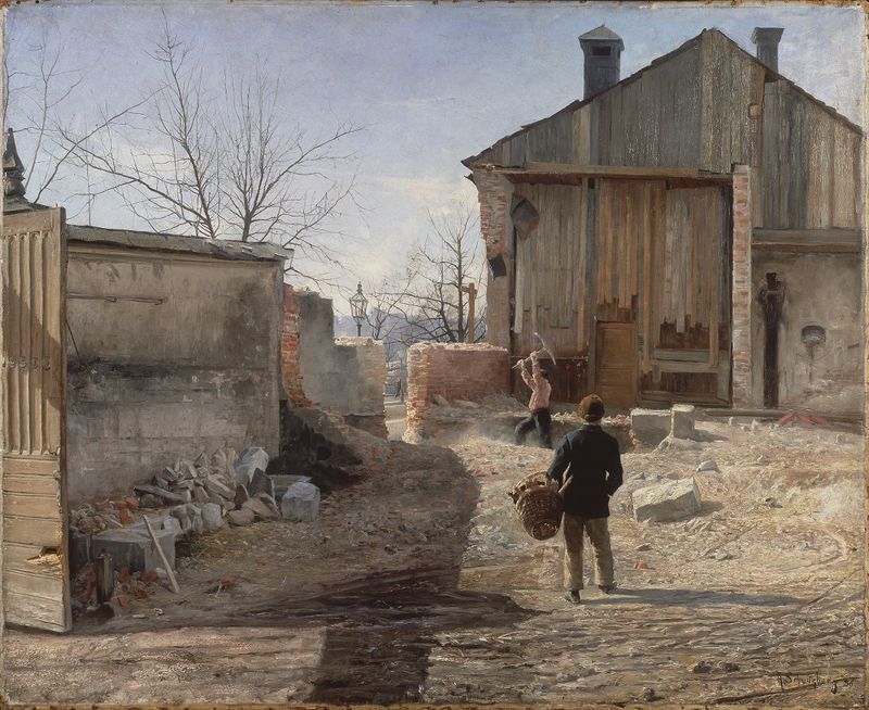 Demolishing the Old Orphanage, Stockholm by Anshelm Schultzberg, oil on canvas, showing a decaying building.