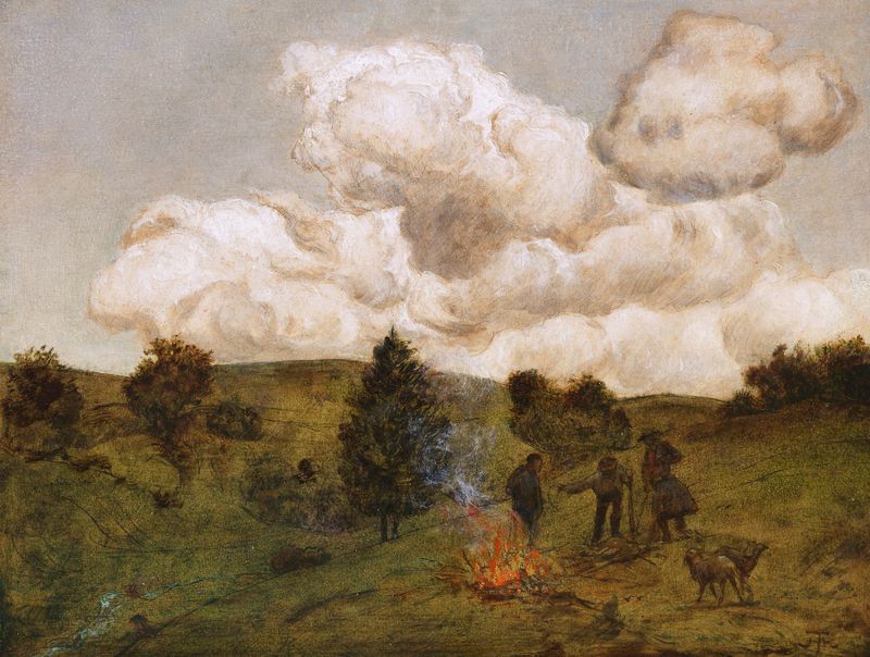 Herbstfeuer de Hans Thoma, pintura a óleo que retrata uma paisagem de outono com chamas e luz quente.
