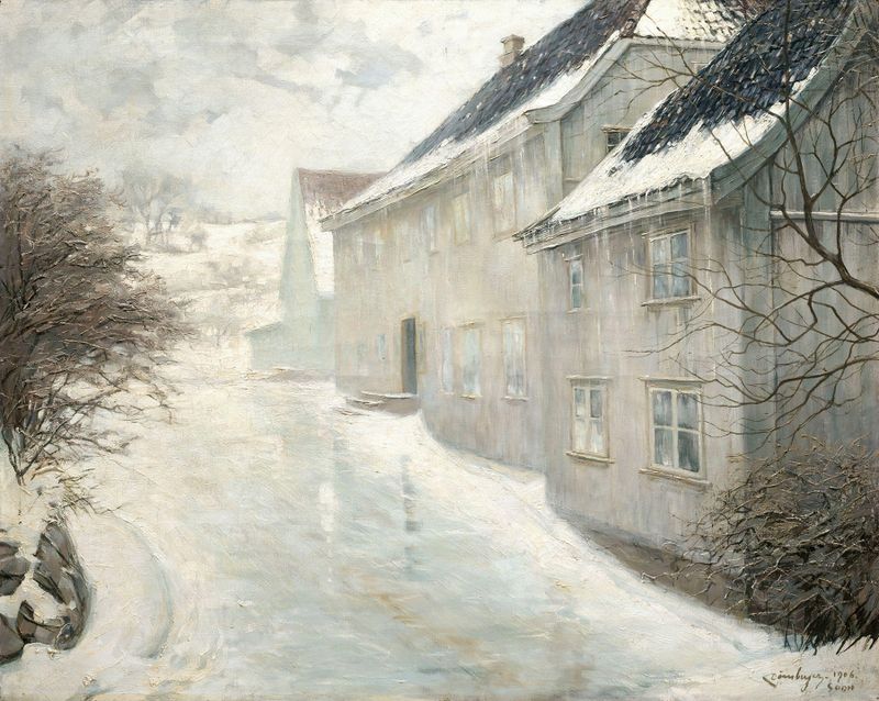 Pintura al óleo de Karl Dørnberger que muestra nieve derretida en un paisaje sereno