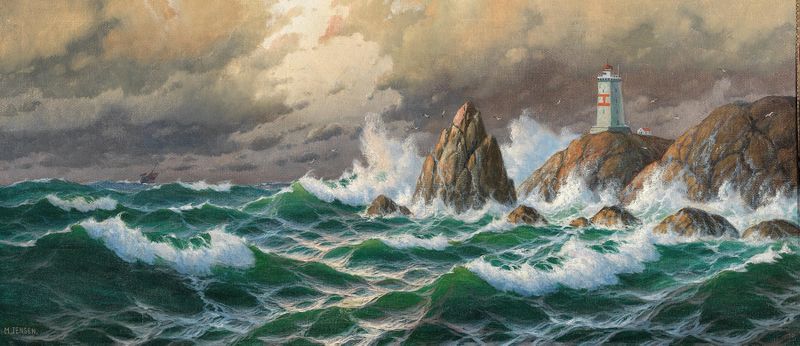 Breaking Waves with Lighthouse in Stormy Weather by Max Jensen, oil painting depicting crashing waves and a lighthouse