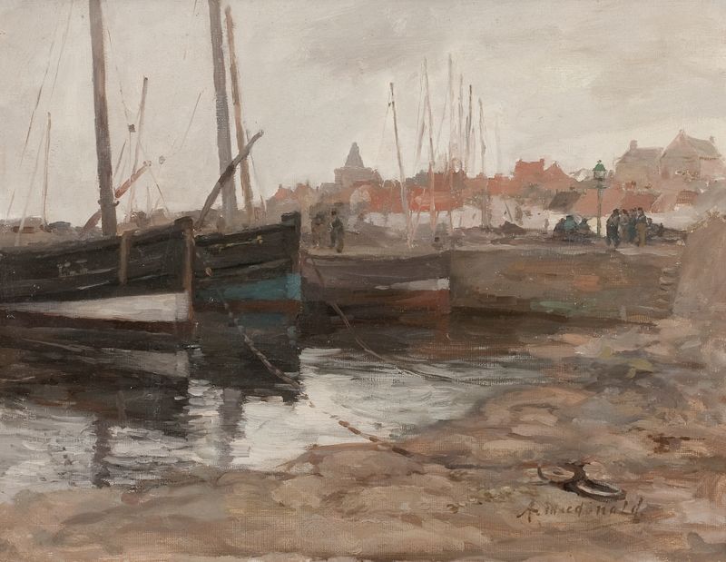 St Monans de Arthur MacDonald, óleo sobre lienzo que muestra barcos junto al mar