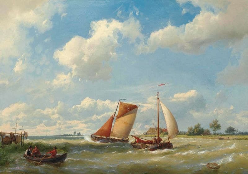Dutch barges in choppy waters, oil on canvas by Hermanus Koekkoek