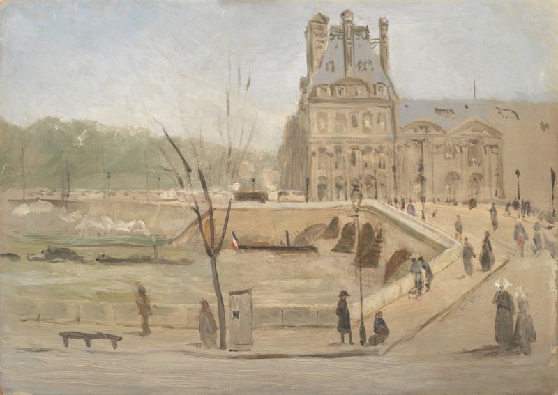 Acuarela de David Jacobsen que representa Pont Royal en París con árboles y reflejos en el Sena.