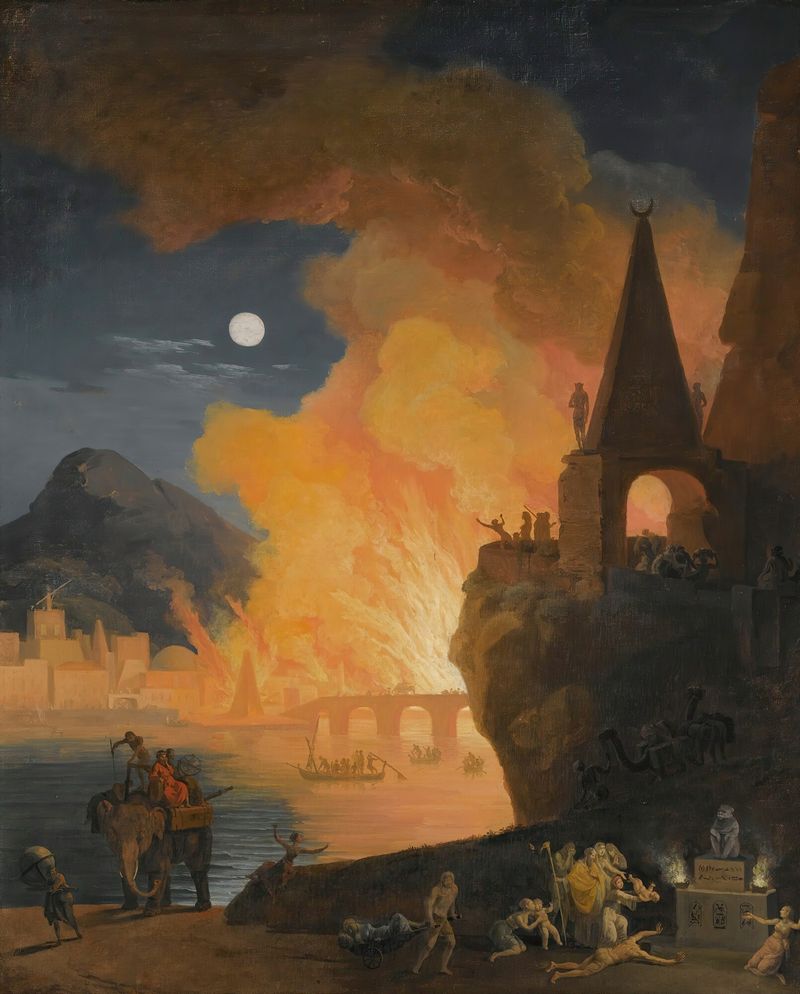A nocturnal landscape with fleeing figures amidst a fire by Pierre-Jacques Volaire