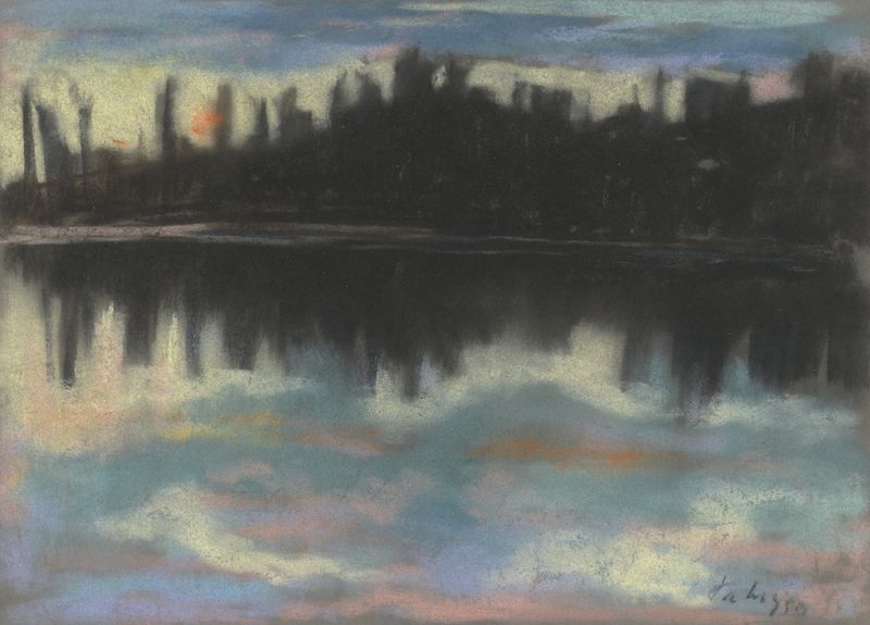 Paisaje abstracto que representa una ribera en azules y verdes profundos de Zolo Palugyay, óleo