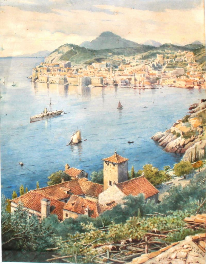 A View Of Dubrovnik by Anton Perko, oil painting depicting crashing waves and ancient city walls.