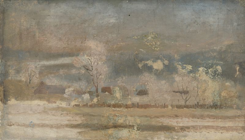Paisagem de Inverno de Ferdinand Katona, retratando uma cena nevada com árvores cobertas de gelo, pintura a óleo
