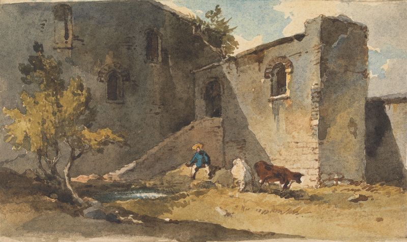 Figura con ganado de pie en la sombra de un edificio, óleo sobre lienzo de George Chinnery