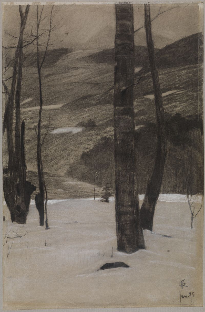 Paisaje invernal con árboles cubiertos de nieve y nubes, pintura al óleo de Gustav Kampmann