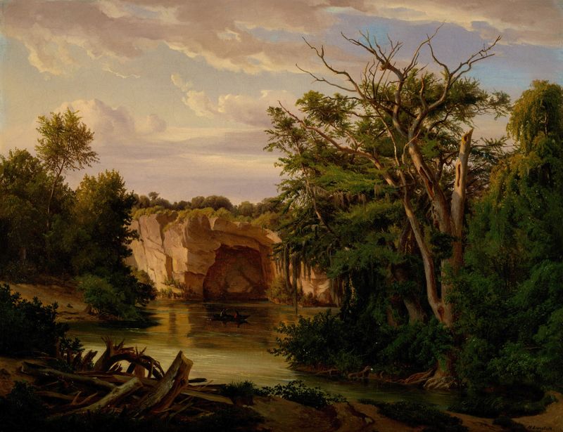 Hill Country Landscape de Hermann Lungkwitz, óleo sobre tela mostrando colinas e vegetação exuberante.