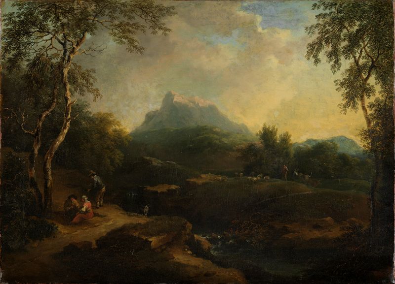 Bergige Landschaft mit Bach by Christian Wilhelm Ernst Dietrich, oil on canvas depicting a serene landscape.