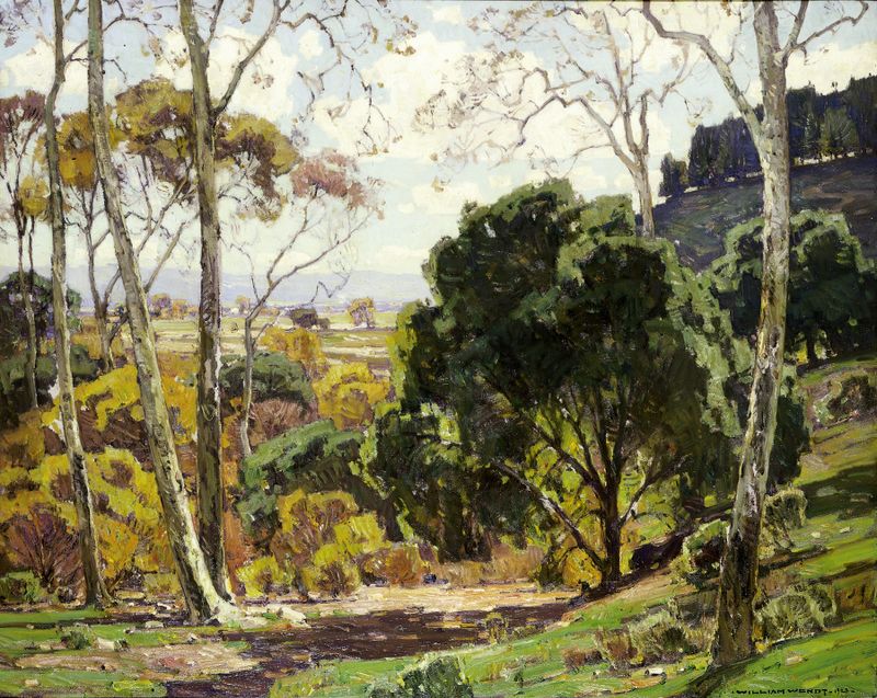 Days of Sunshine by William Wendt, oil on canvas depicting a sunlit meadow with shadows.