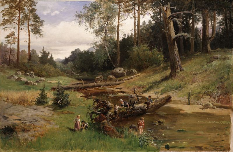 By the Brook in the Forest, oil on canvas by Charles XV of Sweden, depicting a serene forest scene with a brook.