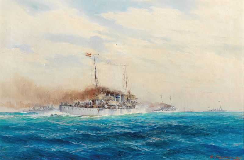 Oil painting of the Bombardment of Palagruža in 1915 by August von Ramberg