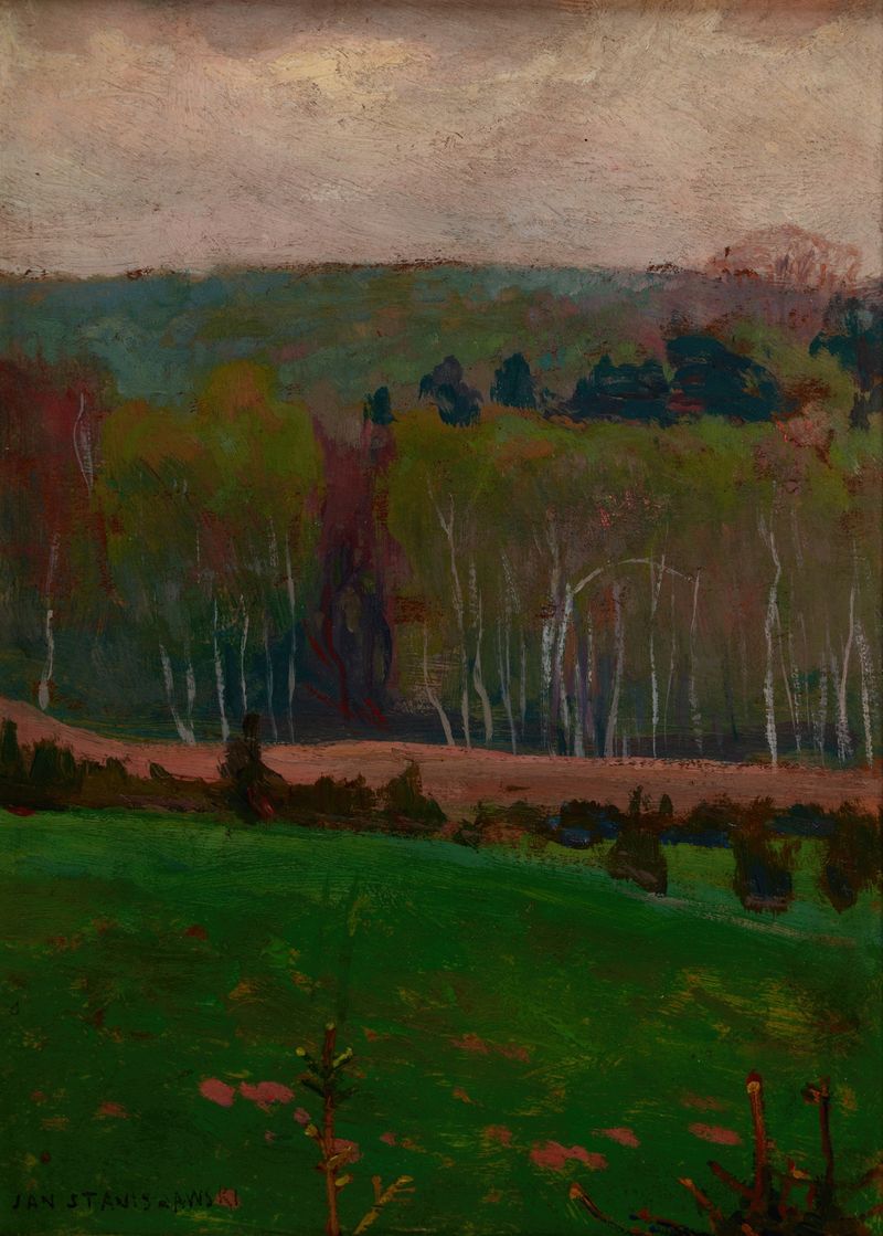 Spring Landscape by Jan Stanisławski, oil on canvas depicting a lush forest with vibrant flowers.