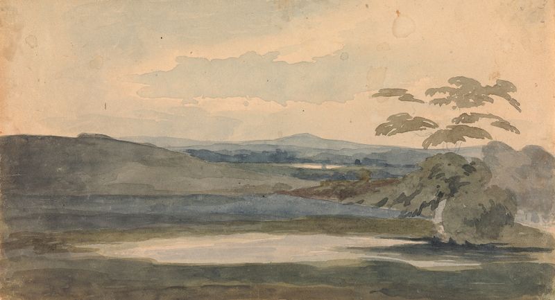 Paisaje con árboles y montañas, lago en primer plano de Thomas Sully, pintura al óleo