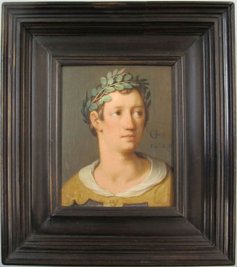 Retrato de um jovem com uma coroa de louros, óleo sobre painel de Cornelis Cornelisz. van Haarlem