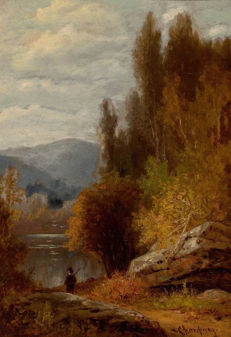 Hunter on the Path by Benjamin Champney, oil painting depicting a figure on a forest path.