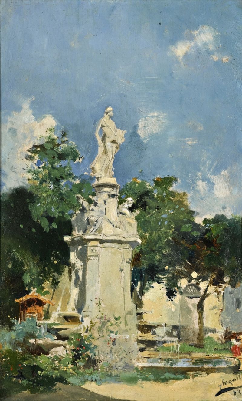 La Fuente de Apolo de Joaquín Sorolla, óleo sobre lienzo, con una mujer cerca de una fuente.