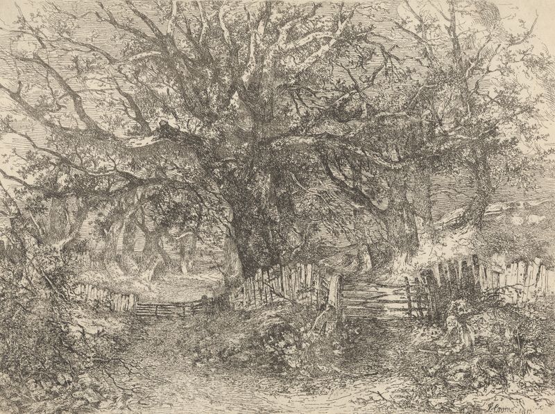 Road Scene, Trowse Hall, near Norwich de John Crome, óleo que representa un paisaje tranquilo.