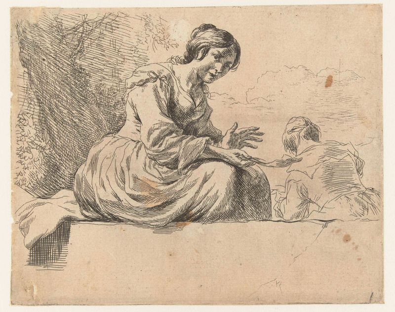Retrato de una joven sentada sobre una piedra, grabado de Nicolaes Pietersz Berchem