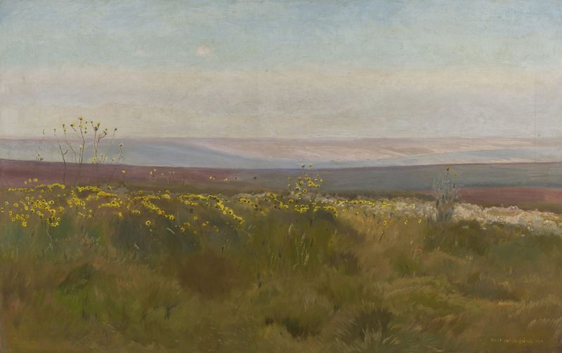 Landscape from Podolia de Jozef Chelmonski, óleo sobre lienzo que representa colinas y luz solar.