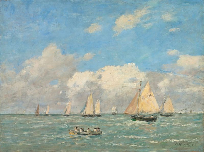 La Sortie Des Barques À Trouville de Eugène Boudin, pintura al óleo que muestra barcos en el océano.