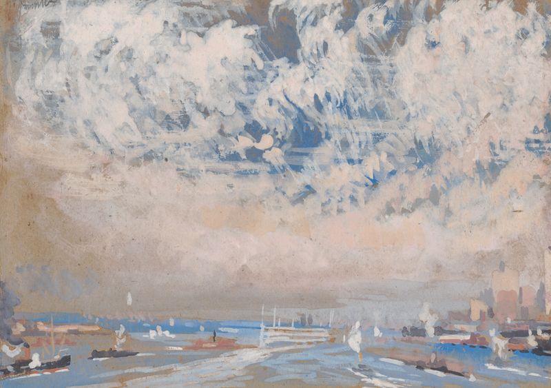 Busy Bay de Joseph Pennell, tinta sobre papel que muestra barcos en los muelles.