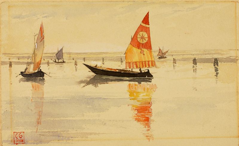 Sailboats on a canal in Venice, oil painting by Cass Gilbert