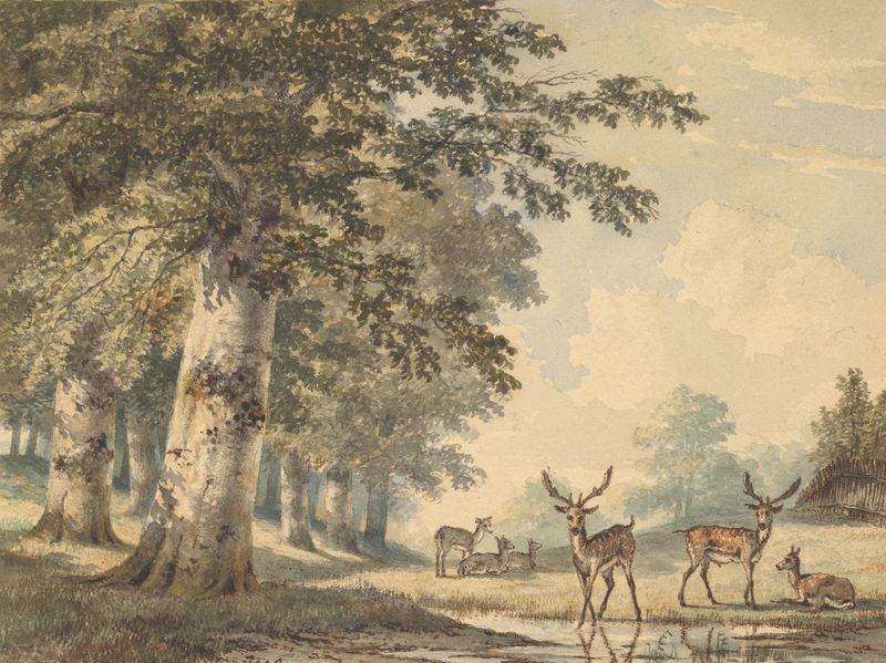 Deer under Beech Trees in Winter de Hendrik Gerrit ten Cate, pintura al óleo que muestra ciervos en un bosque invernal.