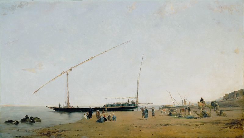 On the Nile, Near Philae by Eugène Fromentin, oil on canvas depicting the serene Nile river.