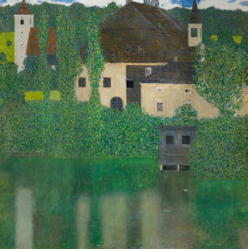 Water Castle by Gustav Klimt, oil painting depicting a castle surrounded by water and golden light.