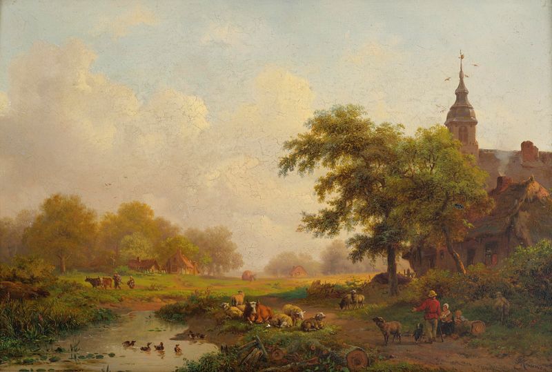 Summer landscape with shepherds and cattle, oil on canvas by Frederik Marinus Kruseman