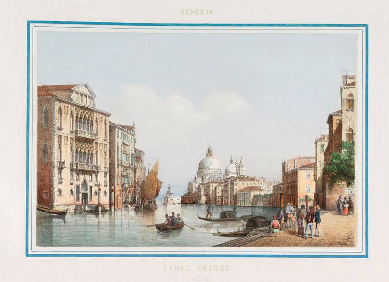 Venezia de Giovanni-Battista Cecchini, óleo que representa un canal con reflejos brillantes