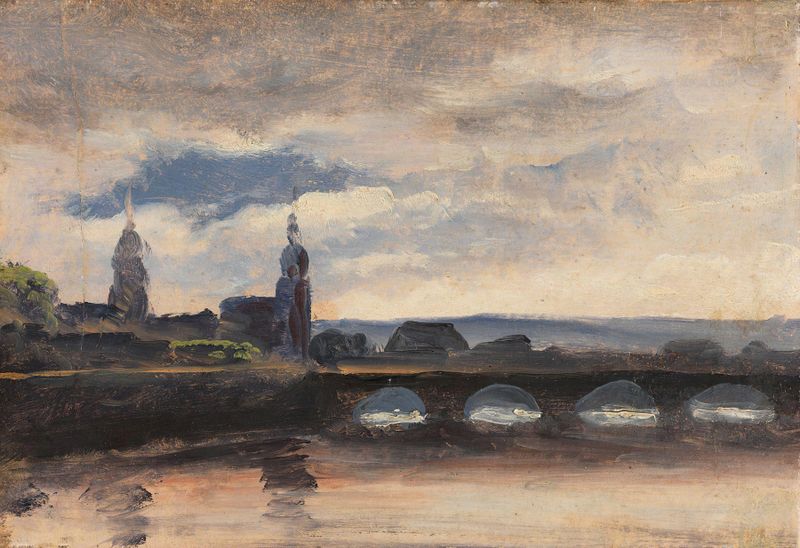 The Augustusbrücke in Dresden, óleo sobre tela de Thomas Fearnley, retratando uma ponte sobre o rio Elba.
