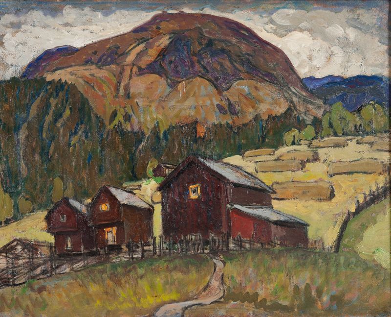 Summer landscape with shielings, oil on canvas by Anna Boberg