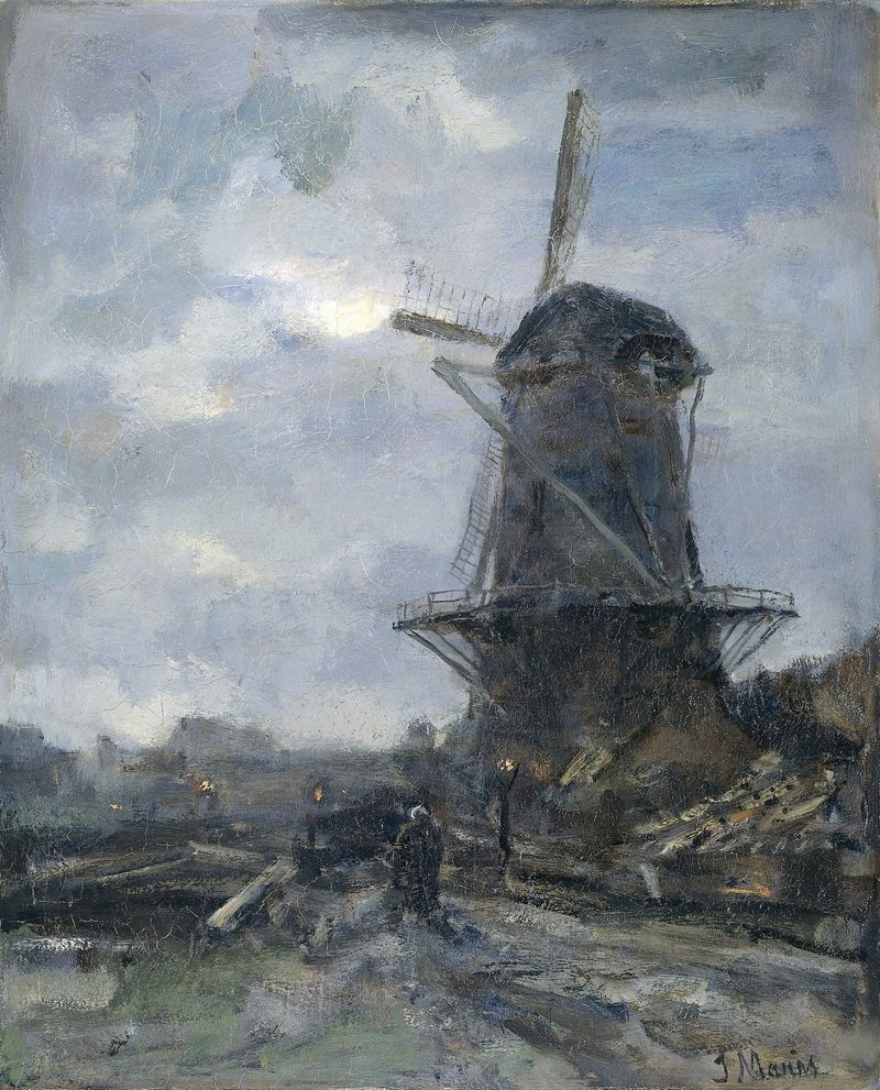 Moonlit landscape with a mill and water by Jacob Maris, oil painting