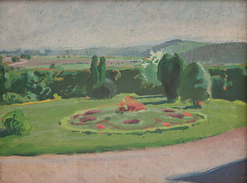 Flower-Bed in Front of the Manor by Józef Mehoffer, oil painting depicting a vibrant garden.