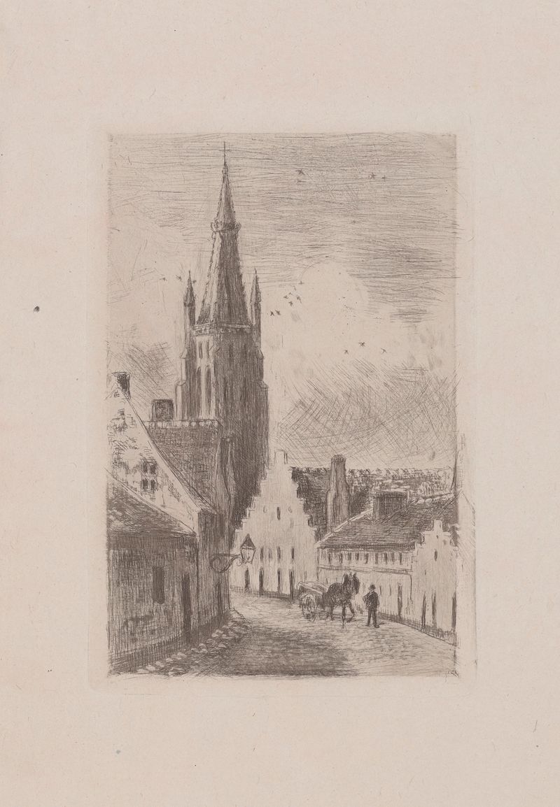 Notre-Dame de Bruges de Camille Pissarro, óleo sobre lienzo, representa una catedral iluminada por la luz del sol.