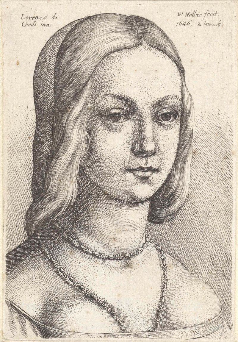 Retrato de uma mulher com cabelo partido ao meio, gravura de Wenceslaus Hollar