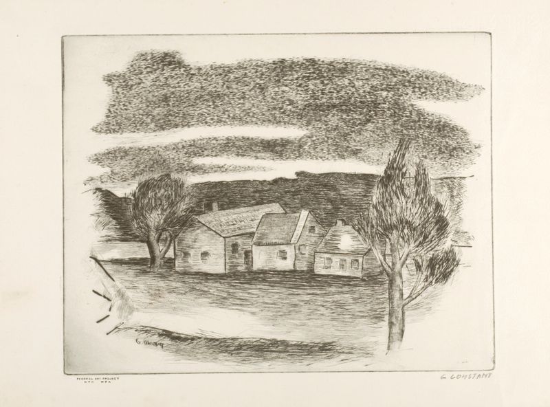 Riverdale de George Constant, óleo sobre lienzo que representa un río con luz dorada y azules profundos.
