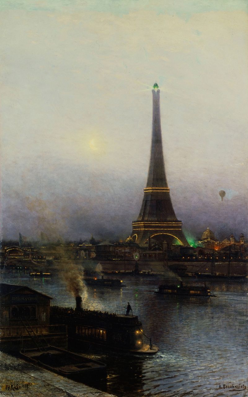 La tour Eiffel, la nuit by Alexey Petrovich Bogolyubov, oil painting of the Eiffel Tower illuminated at night.