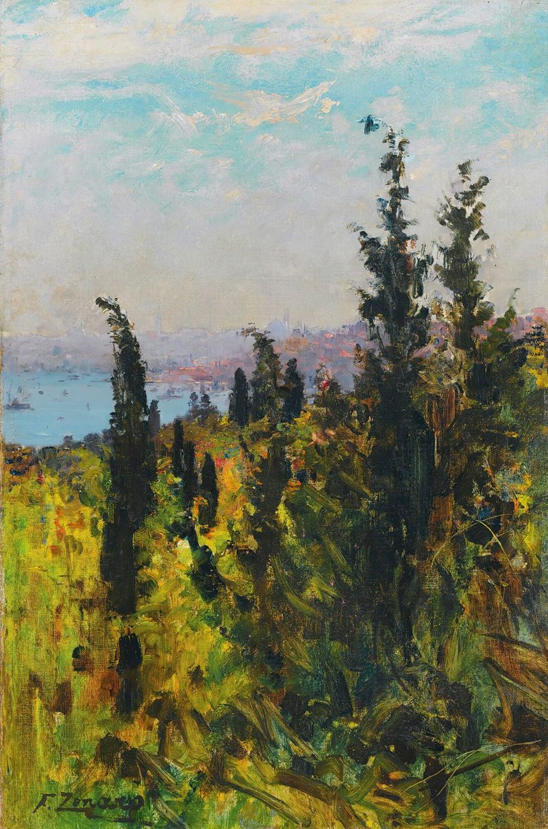 Landscape of the Golden Horn with sunlight reflections, by Fausto Zonaro, oil painting