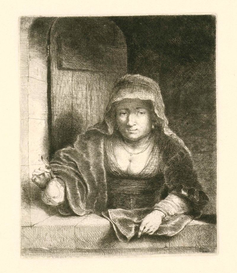 Portrait of a woman holding a pear, etching by Ferdinand Bol