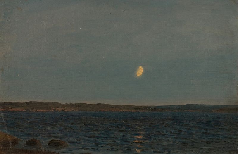 Måneskinn, Hvaler de Amaldus Nielsen, óleo sobre tela que retrata uma paisagem noturna serena.