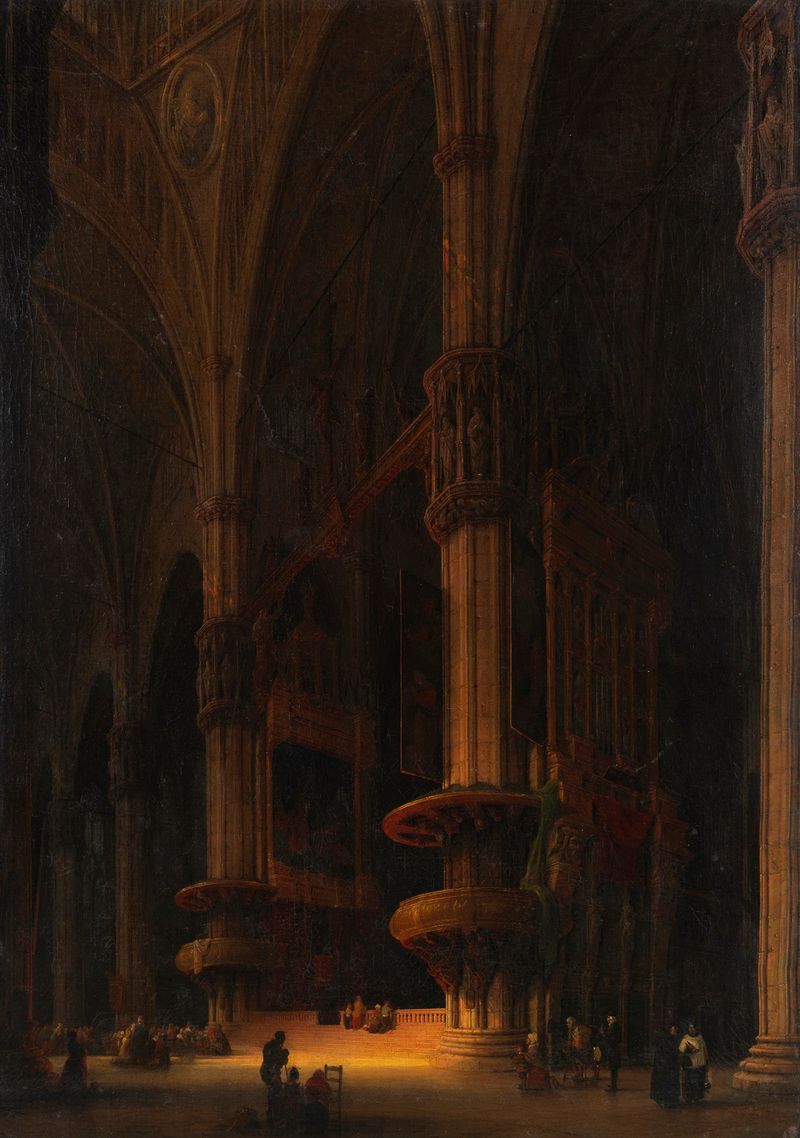 Interior da Catedral de Milão por Ludwig Mecklenburg, mostrando arcos góticos e vitrais.