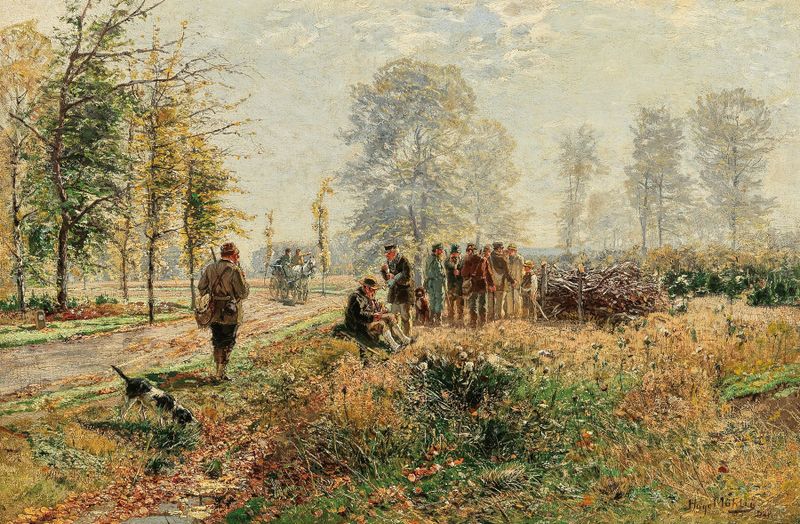 Figurative scene of horse riders in a forest by Hugo Mühlig, medium unknown