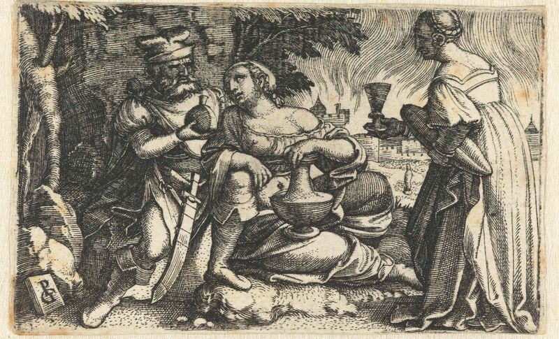 Grabado de Georg Pencz que representa a Lot y sus hijas en una escena histórica.