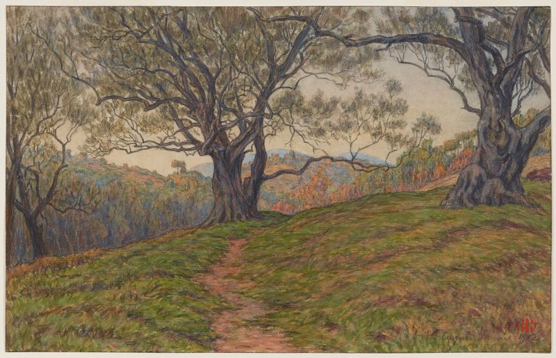 Paisaje con olivos y luz solar, pintura al óleo de Henri Rivière, 1912